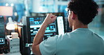 Success, back and coding with person and computer for software developer, programmer update and fist pump. Research, backend script and app approval with employee in agency for web design celebration