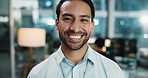 Web developer, confident and portrait of businessman in office for software system or website update. Night, happy designer or Asian backend engineer with smile for company development in workplace