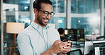 Business man, smile and programmer with phone in office for software development, network or update. Online, coder and mobile app developer with ai design, creative and typing message for project