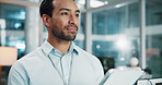 Man, developer and thinking with tablet in office for ideas, programming and software update. Person, digital and planning for website development, problem solving and information for system solution