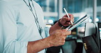 Hands, man and tablet with pen in call center for software solution, scroll or contact us. IT, digital technology or consultant with stylus for virtual assistance, troubleshooting or customer service