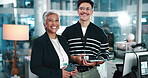 Tablet, manager and face of business people in office for review on website development project. Digital technology, collaboration and portrait of coder with mentor for planning on programming.