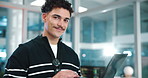 Confident, man and face of developer on laptop for research, programming and software update. Smile, designer and information for web development, application and troubleshooting of system server