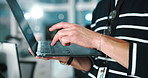 Man, typing and hands coding on laptop for software development, network or database update. Online, programming and backend developer with pc for design, creative website and test project in office
