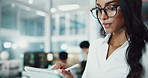 Woman, tablet and developer with pen in office for software development, thinking or business. Online, coding and app programmer problem solving for test, idea or writing report for quality assurance