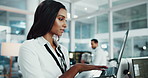 Laptop, business woman and typing in call center for software solution, help desk or contact us. IT consultant, computer and customer service for virtual assistance, support or troubleshooting online