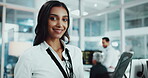 Face, woman and developer with laptop in office for research, programming and software update. Portrait, person and online for web development, problem solving and information for troubleshooting app