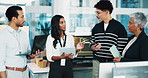 Coding, team and business people with tablet for planning in office, help or web development. Group discussion, programmer and tech for software project, creative idea or problem solving in meeting