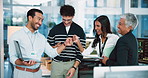 Office, excited and colleagues with laptop, fist bump and gesture for achievement, group and happy. Success, programmer and people with smile for web development, team and celebration for project
