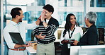 People, programmer and high five with laptop in office of programming, software solution and success. Staff, team or congratulations for server update, coding winner and celebration of app innovation