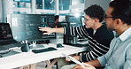 Programing team, computer screen and men brainstorming for development or planning. Collaboration, discussion and coding with tablet for software database, problem solving or business idea in office