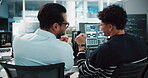 Computer, colleagues and men with fist bump, smile and celebration for coding, back and achievement. Screen, programmer and people with gesture for success, friends and collaboration in business