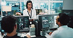 People, computer and screen for coding training of internship, programming and software update. Staff, female mentor and feedback of website development, server application and troubleshooting system