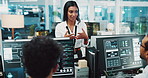 People, computer and screen with mentor for coding internship, programming and software update. Staff, manager and instructions for website development, server application and troubleshooting system