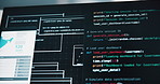 Data, code and screen with software, development or IT for cybersecurity or digital glitch. Tech closeup, computer and programming with cloud computing, app or blockchain for analytics or password