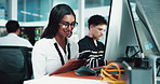 Woman, software developer and typing with phone at office for digital design or cybersecurity, Female person, employee or designer with mobile smartphone or technology for UI, UX or app development