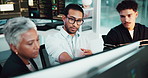 People, mentor and developer with computer in office of programming, information and software update. Above, staff and explain process of website development, coding server and troubleshooting system