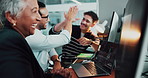 Office, laughing and colleagues with laptop, high five and gesture for achievement, group and happy. Success, programmer and people with smile for web development, screen and celebration for project