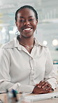 Business, office and face of happy black woman with smile, confidence and pride for about us. Professional, corporate and portrait of worker on computer for company consultant, advisor and career