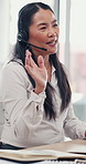 Business, greeting and Asian woman in video call for customer service, help or communication. Headset, waving and happy mature consultant in virtual meeting for sales, crm or telemarketing in office