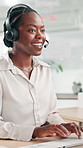 Call center, talking and computer with business black woman for travel agent, trip advisor and customer support. Contact us, flight booking and tourism guide agency with person in office for advice