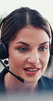 Call center, face and woman talk for customer service, assistance and contact us. Support agent, headset and conversation with client for advice, feedback and help with faq for business closeup