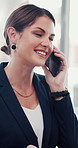 Business woman, phone call and talking in office for negotiation, insurance deal or offer. Mobile, conversation and happy worker in communication with contact for policy sales, question and feedback