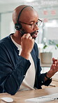 Call center, talking and research with business black man for travel agent, trip advisor and customer support. Contact us, flight help desk and tourism guide agency with person in office for advice