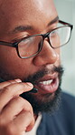 Call center, glasses and research with business black man for travel agent, trip advisor and customer support. Contact us, flight help desk and tourism guide agency with person in office for advice