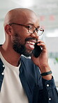 Design, phone call and smile of business black man in office for communication, consulting or update. Contact, creative and project management with happy employee in workplace for conversation