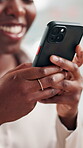 Office, black woman and hands with smartphone for social media, communication and online for contact. Workplace, business person and consultant on break with cellphone, application and laugh for chat