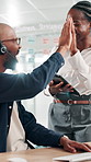 Call center, high five or success with manager and employee at work for lead generation or telemarketing. Collaboration, deal and tablet with people in office together for customer service or support