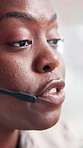 Advice, consulting and contact us with black woman in call center for conversation or support. Customer service, discussion and headset with agent at work as virtual assistant for online feedback