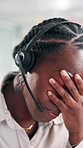 Stress, frustrated and black woman in call center with fatigue, burnout and lead generation crisis in office. Telemarketing, tired and virtual sales consultant in headset with mistake, regret or fail