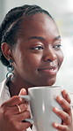 Business woman, coffee smell with aroma, thinking and smile in office with peaceful drink for pondering. Black person, professional and breathe with ideas, planning and tea or espresso in workplace