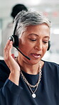 Advice, talking and call center with business woman for customer support, help desk or virtual financial advisor. Contact us, investment banker and account consultant with mature person in office