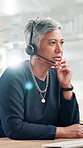 Thinking, research and call center with business woman for customer support, debt solution or virtual financial advisor. Contact us, vision and account consultant with mature person in office