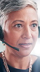 Office, businesswoman and customer service on headset for call center, talking or crm help with listening. Career, mature person and female agent with advice for sales support, consulting or feedback