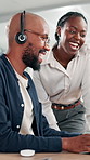 Call center, people and coaching with mentor on computer for support, talking and help happy intern. African consultant, headset or training with customer service team for assistance with question