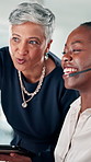 Customer service, women and training with manager for support, advice or help with question. Happy consultant, mentor or conversation with call center team for assistance or communication with tablet