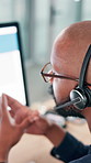 Customer service, talking and man on computer screen for tech support, contact us or help with software back up. IT consultant, headset and African person in call center for troubleshooting solution