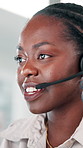 Advice, consulting and contact us with black woman in call center for communication or support. Feedback, headset and microphone with agent in workplace as virtual assistant for customer service