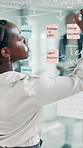 Office, businesswoman and writing on glass wall for brainstorming, planning or strategy for finance. Project, female person or financial advisor with moodboard for investment solution, ideas or notes