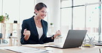 Excited woman, laptop and winning with celebration for good news, promotion or bonus at office. Happy, female person or business employee with computer, smile or surprise for achievement at workplace