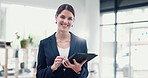 Face, business and woman with tablet, smile and confidence with accounting, stock market and email. Portrait, happy person and investor in office, tech and internet with connection and online trading