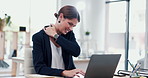 Business, woman and laptop with neck pain in office for muscle strain, inflammation and burnout. Female person, massage joints and ache for sprain injury, poor posture and overworked of work pressure