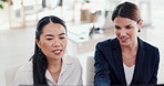 Conversation, feedback and businesswoman with manager in office for magazine publishing approval. Meeting, explaining and editor with mentor for review, discussion or advice on article in workplace.