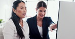 Business women, coach and communication with computer for software, update or advice at office. Female people, employees or training intern on technology for corporate help or assistance at workplace