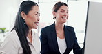Conversation, review and businesswoman with manager in office for magazine publishing approval. Meeting, explaining and editor with mentor for feedback, discussion or advice on article in workplace.