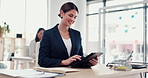 Tablet, smile and business woman in office for research, reading or scroll email for insurance. Digital technology, corporate worker or check report for risk management, financial policy or coworking